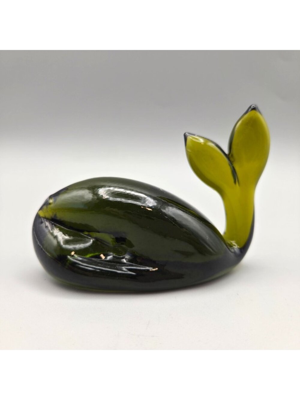 Viking Handblown Glass Whale Figurine Paperweight Avocado Green 1960s